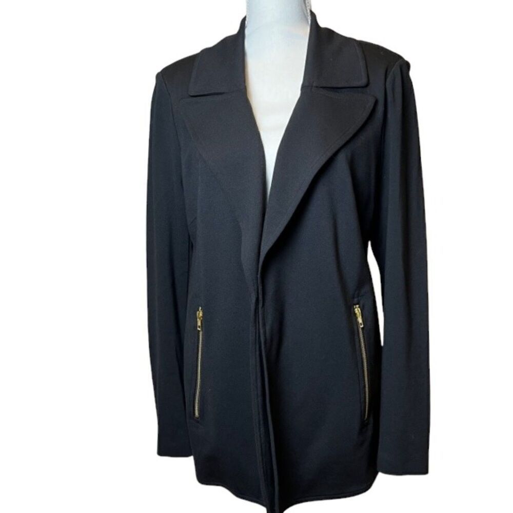 Carmen Marc Valvo Open Front Blazer Black Stretch Gold Zipper Detail Size Medium